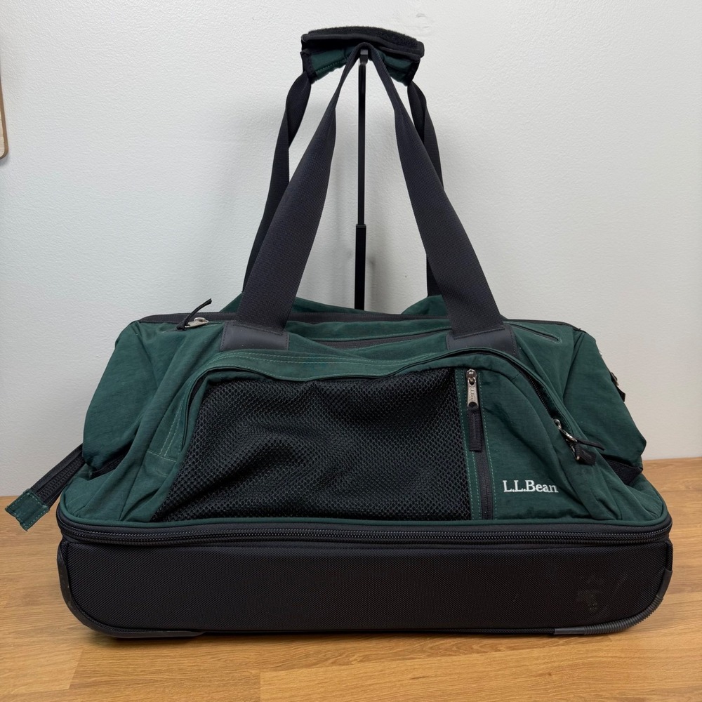 LL Bean Rolling Duffel Bag Green Black Ripstop Travel Luggage Wheels 22 Inch